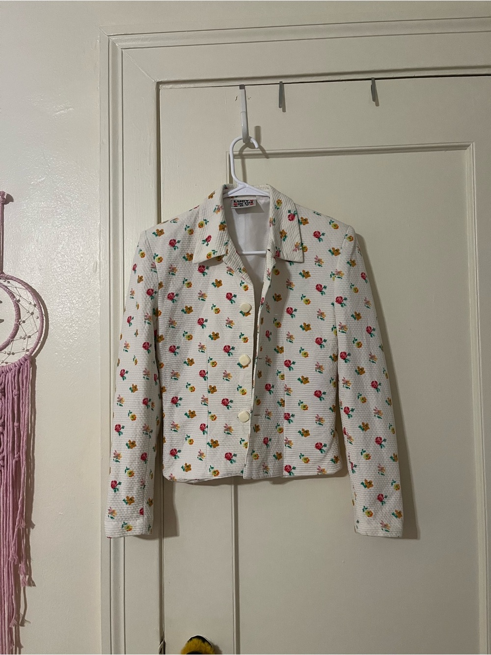 Lucy in the Sky White Cropped Floral Blazer with Red & Pink Flowers
